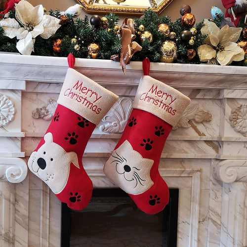 18’’ Cat Felt Christmas Stockings Paws Embroidered for Pets Kitty Red Xmas Stocking Gift Bag Cuff Lovely Home Holiday Decoration