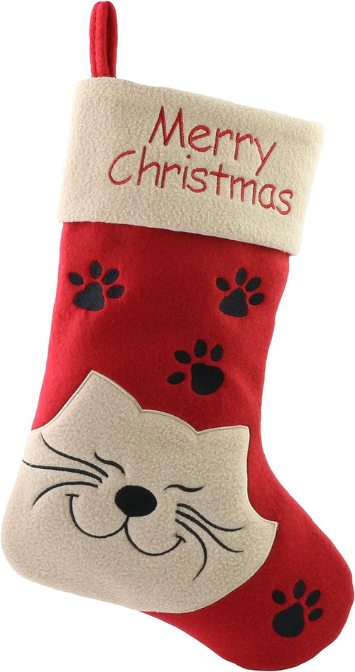 18’’ Cat Felt Christmas Stockings Paws Embroidered for Pets Kitty Red Xmas Stocking Gift Bag Cuff Lovely Home Holiday Decoration